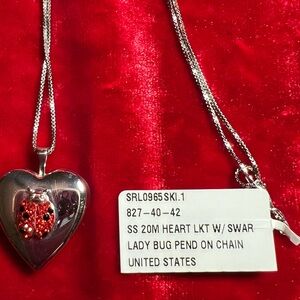 Red Swarovski crystal lady bug silver Heart photo locket with 18” silver chain.